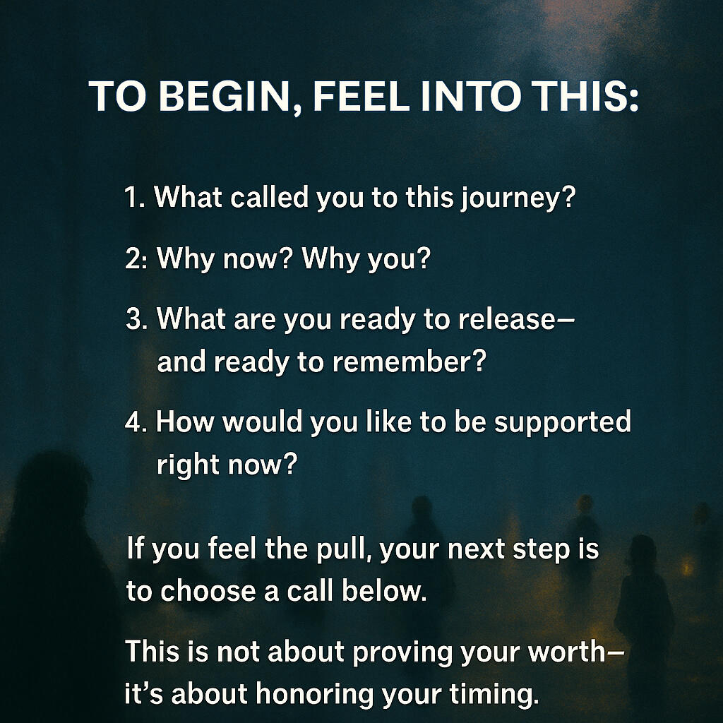 Prompt-based reflection image encouraging users to explore their “why” before booking a call. Questions include: What called you to this journey? Why now? What are you ready to release and remember? How do you want to be supported? A message at the bottom